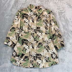 Woolrich Top Floral Khaki 3/4 Sleeve Roll Tab Sleeve Lightweight Blouse Womens M